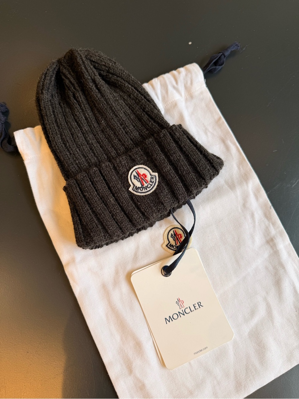 Moncler WOOL Ribbed Knit Beanie Hat Gray Used No Pom Pom w/ Dust Bag & Tags - Picture 11 of 12